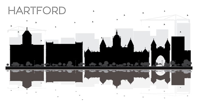 Hartford Connecticut USA City skyline black and white silhouette with Reflections. vector