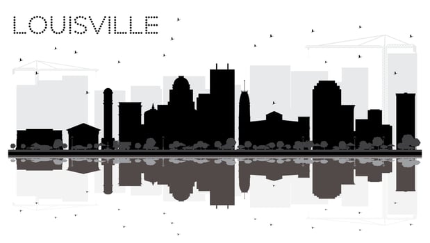 Louisville Kentucky USA City skyline black and white silhouette with Reflections. vector