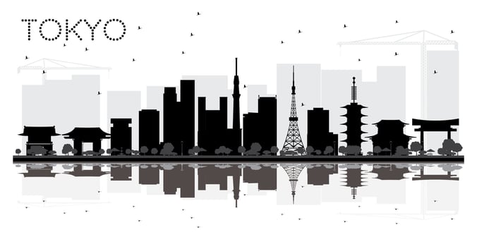 Tokyo Japan City skyline black and white silhouette with Reflections. vector