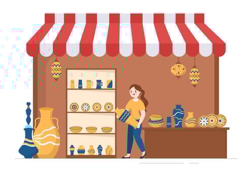Souvenir Shop with Various the Gifts, Decorative Vases and Jewelry to Share by Friends or Family in Flat Cartoon Hand Drawn Templates Illustration vector