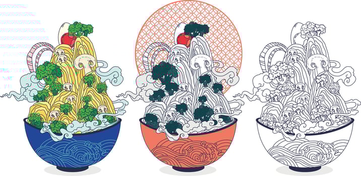 hot mountain of noodles with egg, onion and broccoli vector