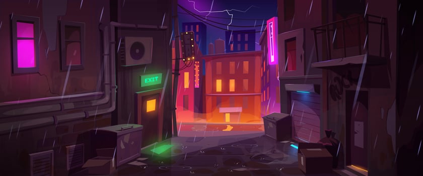 Back street alley with old houses in rain at night vector