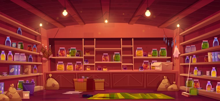 Pantry in house cellar with food preserves vector