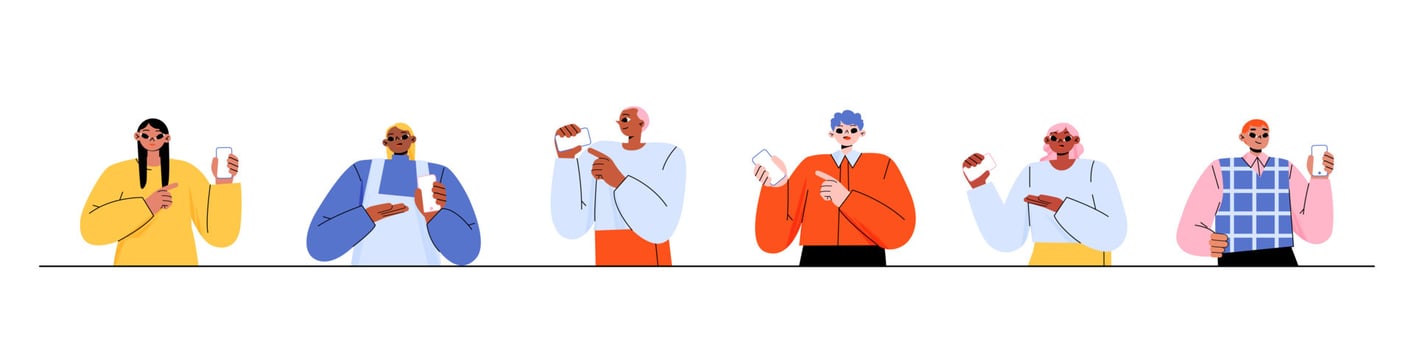 People show screen of phone, connection, advert vector