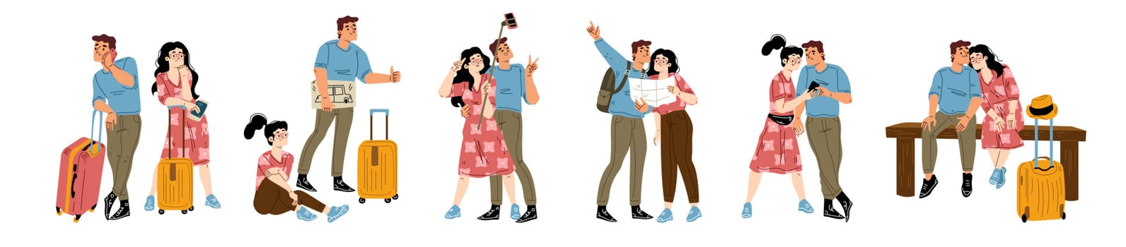 Young couple travel, tourists with map, backpacks vector