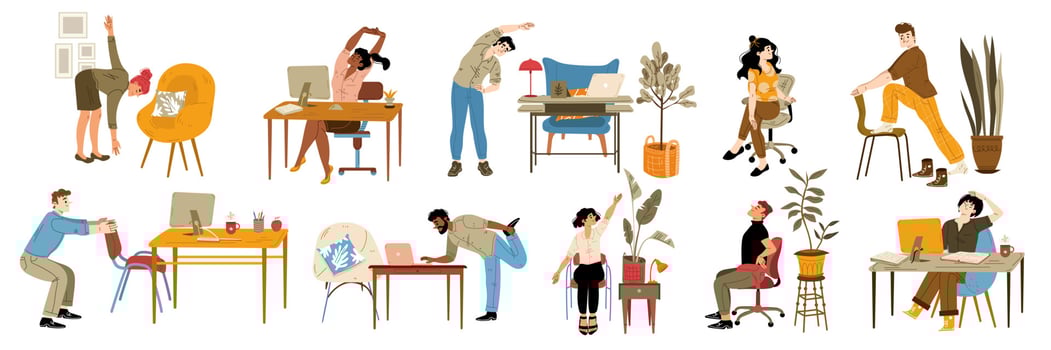 Office employees exercise at work, stretch at desk vector