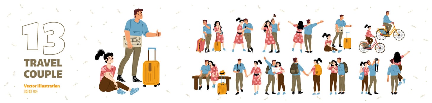 Set of couple travel, young family tourist trip vector
