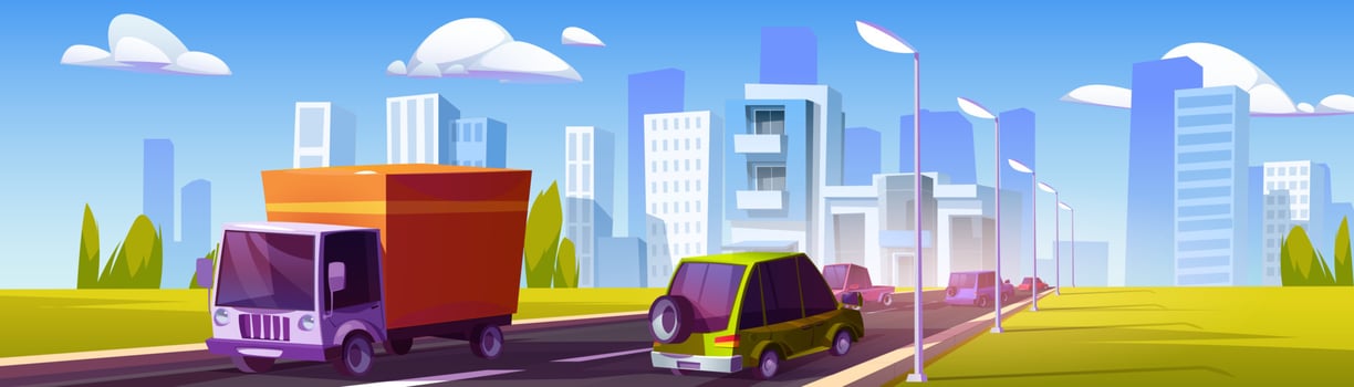 Traffic on highway against cityscape background vector