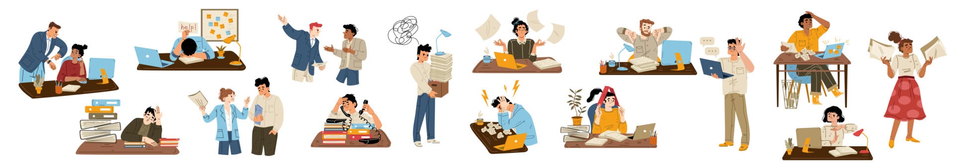 Set of annoyed people at work flat vector