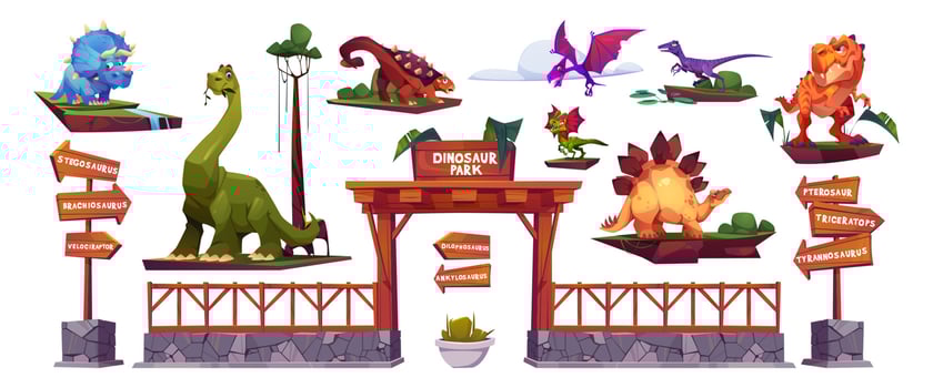 Dinosaur park cartoon characters, arrows and gates vector