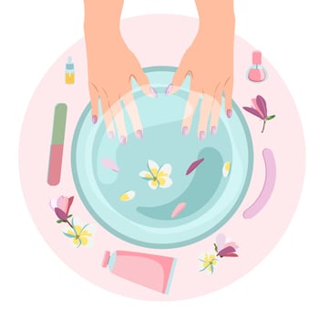 Vector illustration of spa manicure procedure female hands top view flat style with manicure tools