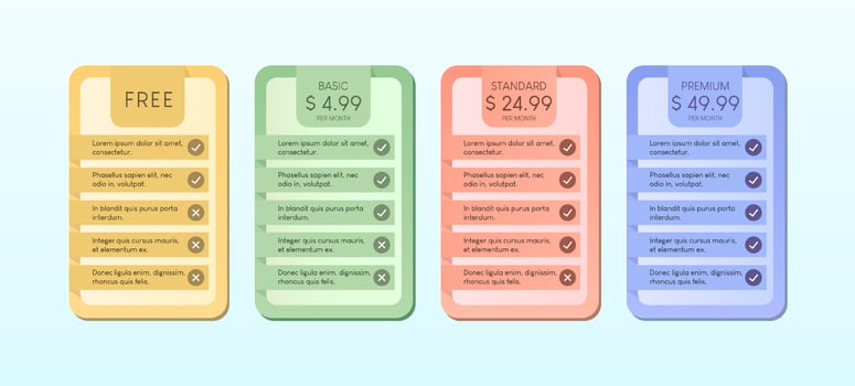 Colorful of pricing table with four options vector illustration on light blue background.