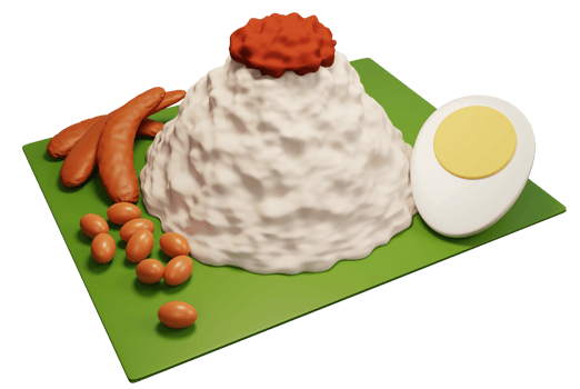 3D rendering traditional Malay food Nasi Lemak rice with boiled egg, dried fish, and peanuts on banana leaf. Spicy sambal topping. Nasi Lemak 3D object illustration png