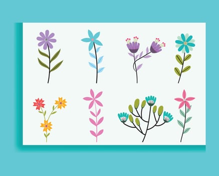 Set of spring colorful flowers. Set of floral branches. Isolated on white for greeting cards, Easter, and thanksgiving. Spring set, hand-drawn elements. vector