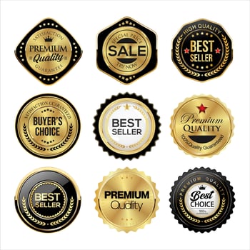 Collection of gold and black badges and labels vector illustration