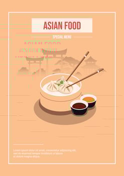 Flyer, poster with Asian architecture silhouette, Asian food advertising, Xiao lun bao for promotions, advertising, sales. Vector illustration.