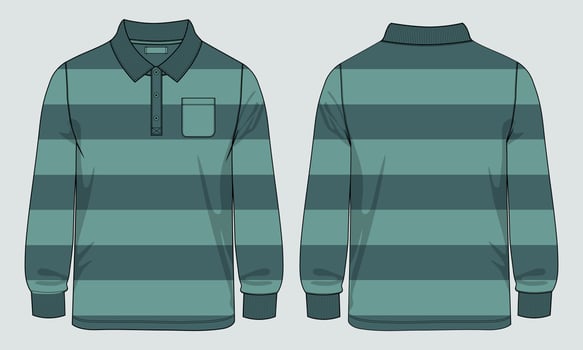 polo Shirt with Yarn dye Stripe and pocket technical Fashion flat sketch Vector Illustration Drawing Template Front And back views