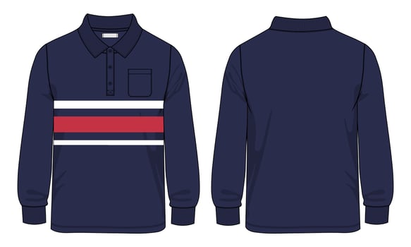 Long sleeve Polo shirt with pocket technical fashion flat sketch vector illustration template front and back views.