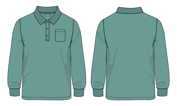 Long sleeve Polo shirt with pocket technical fashion flat sketch vector illustration template front and back views.