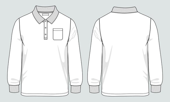 Long sleeve Polo shirt with pocket technical fashion flat sketch vector illustration template front and back views.