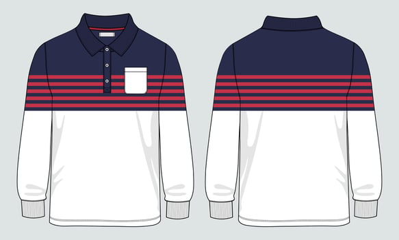 polo Shirt with Yarn dye Stripe and pocket technical Fashion flat sketch Vector Illustration Drawing Template Front And back views