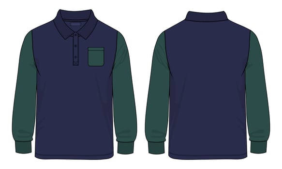 Long sleeve Polo shirt with pocket technical fashion flat sketch vector illustration template front and back views.