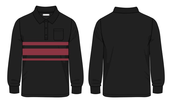 Long sleeve Polo shirt with pocket technical fashion flat sketch vector illustration template front and back views.