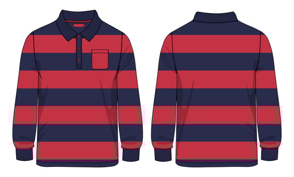 polo Shirt with Yarn dye Stripe and pocket technical Fashion flat sketch Vector Illustration Drawing Template Front And back views
