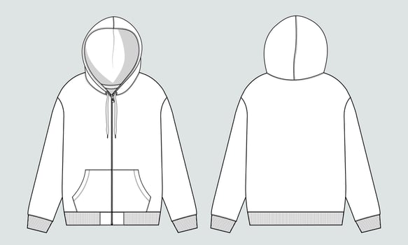 Long sleeve hoodie technical fashion flat sketch Drawing vector illustration template front and back view.