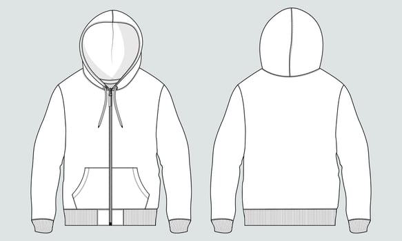 Long sleeve hoodie technical fashion flat sketch Drawing vector illustration template front and back view.