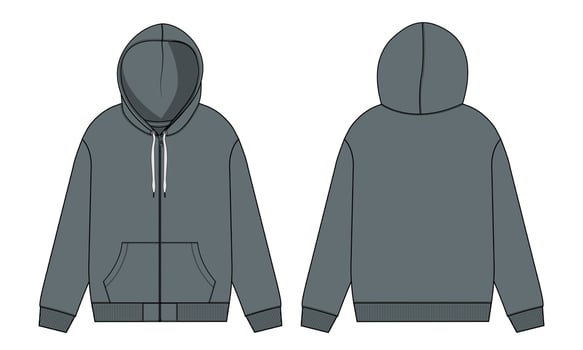 Long sleeve hoodie technical fashion flat sketch Drawing vector illustration template front and back view.