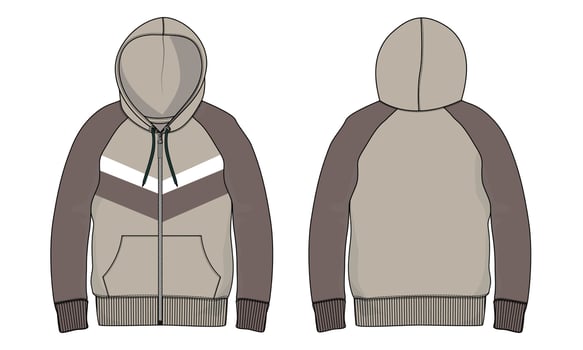 Long sleeve hoodie technical fashion flat sketch Drawing vector illustration template front and back view.