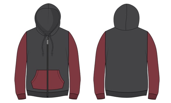 Long sleeve hoodie technical fashion flat sketch Drawing vector illustration template front and back view.