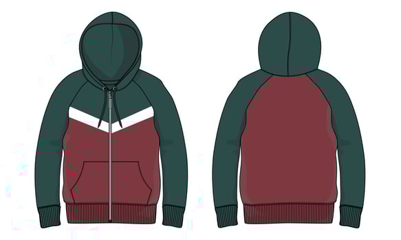 Long sleeve hoodie technical fashion flat sketch Drawing vector illustration template front and back view.
