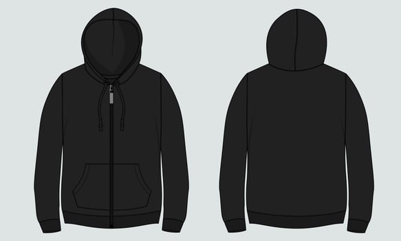 Long sleeve hoodie technical fashion flat sketch Drawing vector illustration template front and back view.