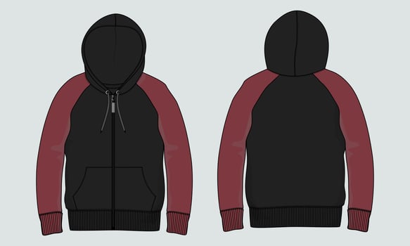 Long sleeve hoodie technical fashion flat sketch Drawing vector illustration template front and back view.