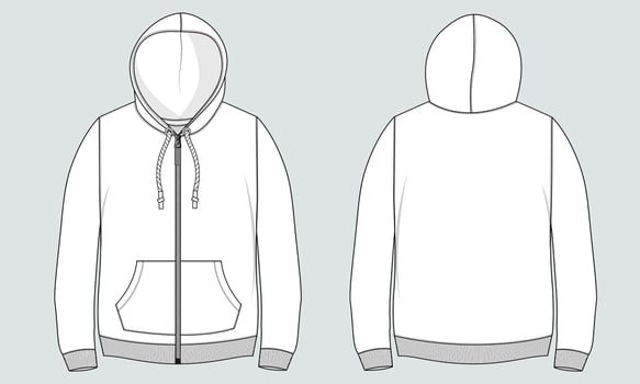 Long sleeve hoodie technical fashion flat sketch Drawing vector illustration template front and back view.