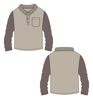 Long sleeve Polo shirt with pocket technical fashion flat sketch vector illustration template front and back views.