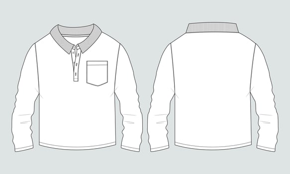 Long sleeve Polo shirt with pocket technical fashion flat sketch vector illustration template front and back views.