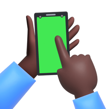 Hand tap on Smartphone with green screen. Holding phone and touch screen.3d illustration. png
