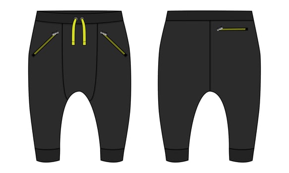 Fleece cotton jersey basic Sweat pant technical fashion flat sketch template front and back views. Apparel jogger pants vector illustration mock up for kids and boys.