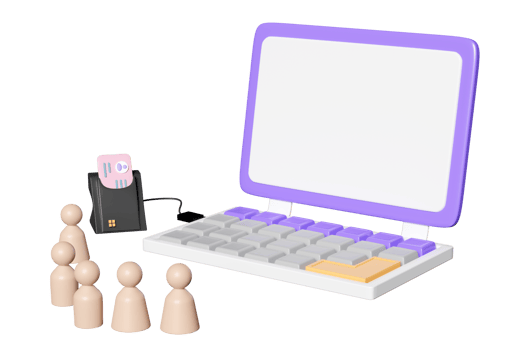 3d purple laptop computer with wooden figures row, smart card reader, external USB card reader, Id card icon isolated. 3d render illustration png
