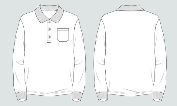 Long sleeve polo shirt technical fashion flat sketch vector illustration template Front and back views.