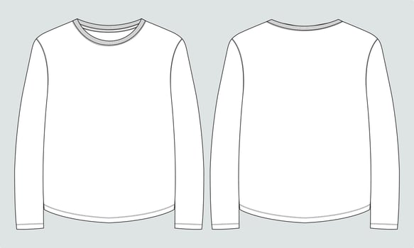Relax fit Long Sleeve T-Shirt overall technical Fashion Flat Sketch vector template for Women's. Apparel design blank t shirt mock up front, back views