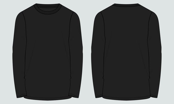 Slim fit long sleeve t shirt technical drawing fashion Flat Sketch vector illustration template front and back views.