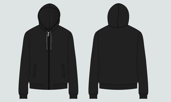 Long sleeve Hoodie technical drawing fashion Flat Sketch vector illustration template front and back views.