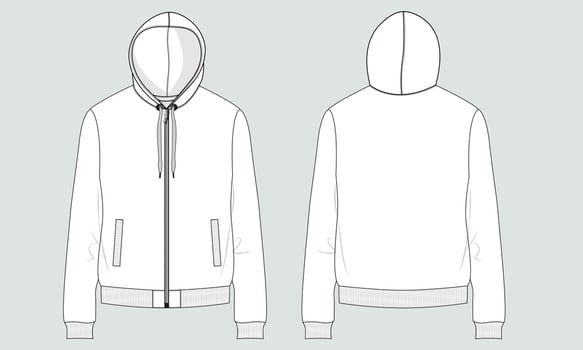 Long sleeve Hoodie technical drawing fashion Flat Sketch vector illustration template front and back views.