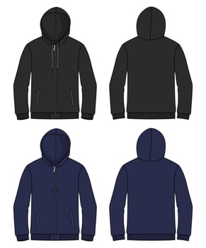 Long sleeve Hoodie technical drawing fashion Flat Sketch vector illustration template front and back views.