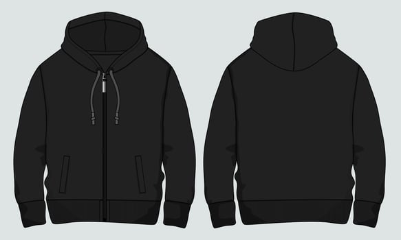 Long sleeve Hoodie technical drawing fashion Flat Sketch vector illustration template front and back views.