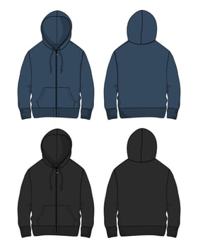 Long sleeve Hoodie technical drawing fashion Flat Sketch vector illustration template front and back views.
